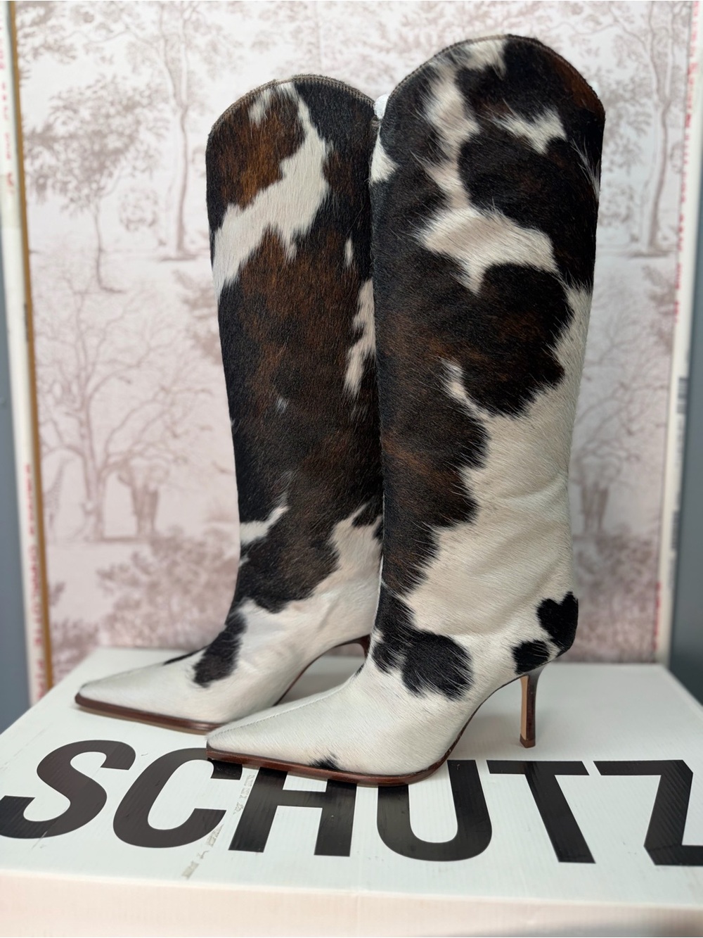 Schutz Maryana Calf Hair Boots in Brown cow hide fur knee high heel cowboy - Picture 3 of 8